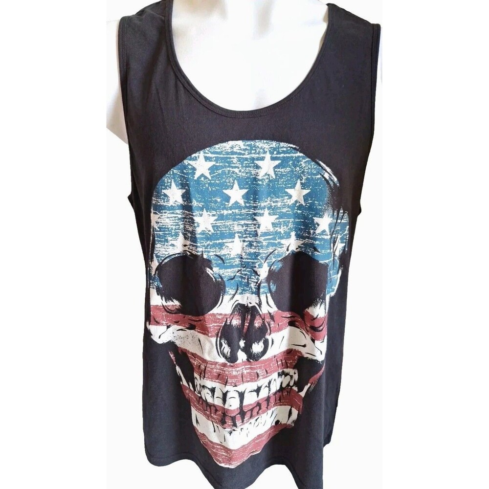 Rude Red White Blue USA Patriotic Skull Black Summer Tank Top Size XXL NWT